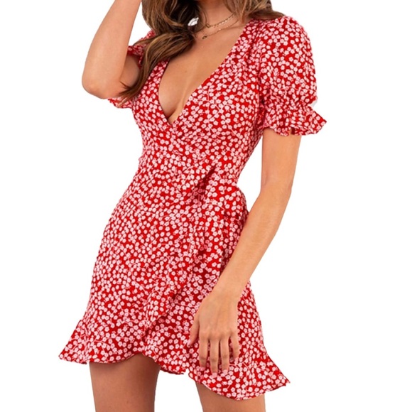 Dresses & Skirts - New! Red Floral Deep V Neck Short Sleeve Wrap Tie Waist Ruffle Dress